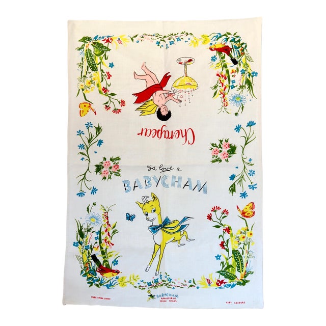 1960s Irish Linen Tea Towel W/Sparkling Wine Advertising For Sale
