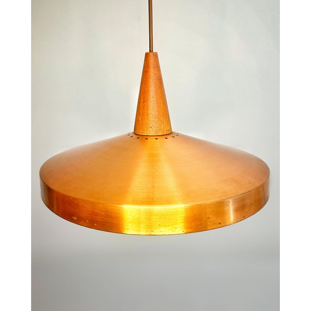 Mid-Century Danish Copper Pendant Lamp with Teak Top and Sculptural Acrylic Diffuser, 1960s For Sale - Image 4 of 9