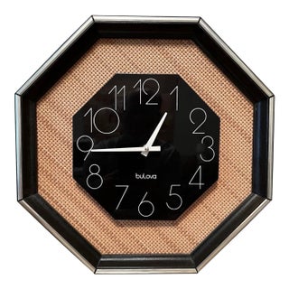 Vintage Bulova Mid Century Modern Enamel Face Caning Octagon Shape Wall Clock For Sale