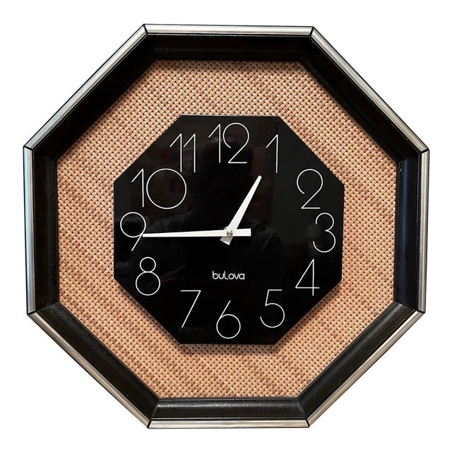 Vintage Bulova Mid Century Modern Enamel Face Caning Octagon Shape Wall Clock For Sale