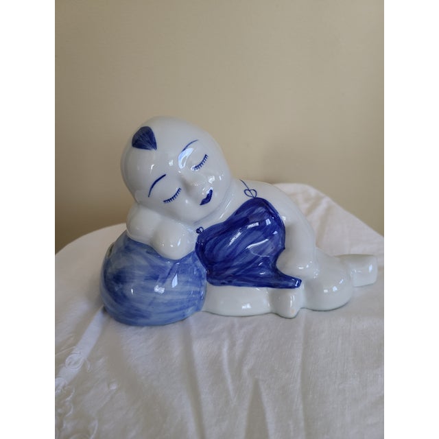 1980s Thai Blue & White Sleeping Boy Piggy Bank Figurine For Sale - Image 6 of 13