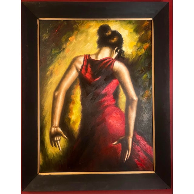 Expressive Spanish Flamenco Dancer Oil Painting in Red and Gold, Early 21st Century For Sale - Image 12 of 12