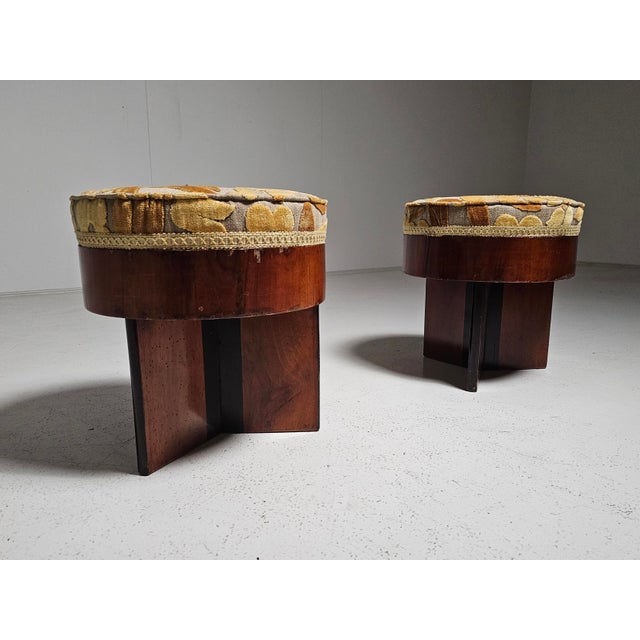 Set of Art Deco Walnut and Floral-Printed Fabric Stools, Italy, 1930s For Sale - Image 12 of 12