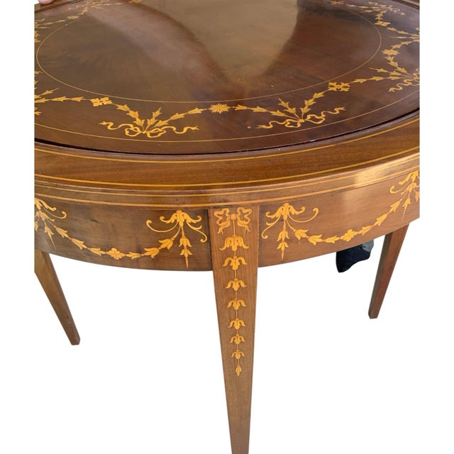 English Antique Rare English Sheraton Revival Mahogany & Marquetry Circular Pivoting-Center Games Table 19th Century For Sale - Image 3 of 12