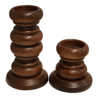 Mid Century Modern Turned Walnut Candle Holders, 1960s, a Pair For Sale