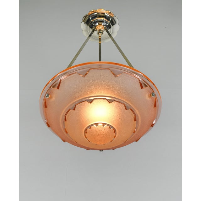 1930s French Art Deco Pendant Light by Ejg Ezan - Salmon Glass Bowl For Sale - Image 6 of 12