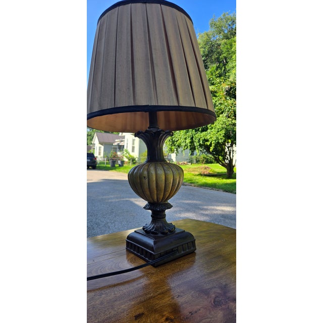 Vintage Neoclassical Table Lamp With Pleated Linen Shade & Antiqued Bronze Finish For Sale - Image 4 of 12