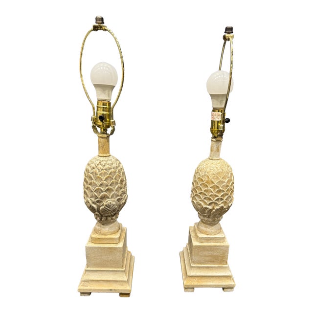 Pair Vintage Carved Wood Pineapple Lamps For Sale