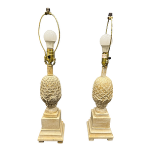 Pair Vintage Carved Wood Pineapple Lamps