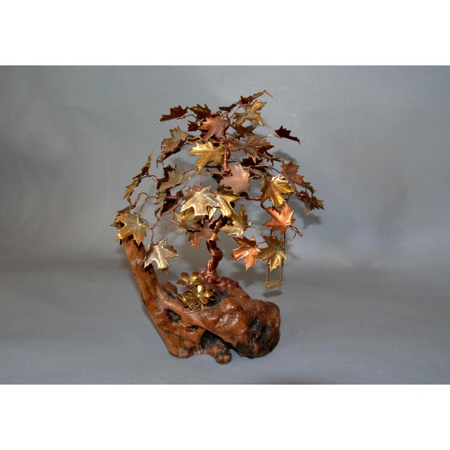 Handcrafted Bonsai Tree Sculpture in Brass, Copper, Bronze on a Burl Wood Base For Sale - Image 4 of 13