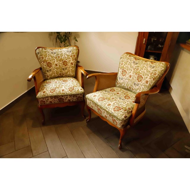 This elegant pair of German cane armchairs was produced by Adolf Wrenger in Lemgo during the 1960s. The design combines...