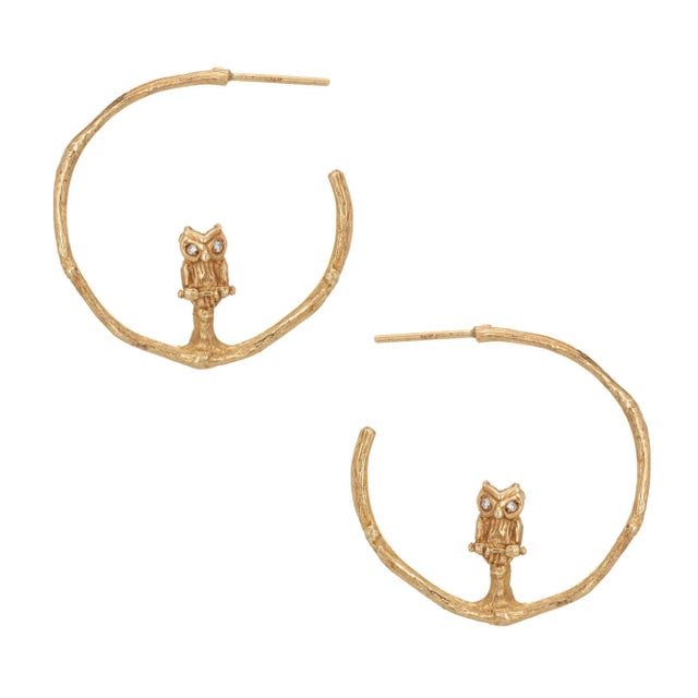 Vintage Owl Hoop Earrings 14 Karat Yellow Gold Diamond Eyes Estate Jewellery - 2 Pieces For Sale - Image 4 of 4