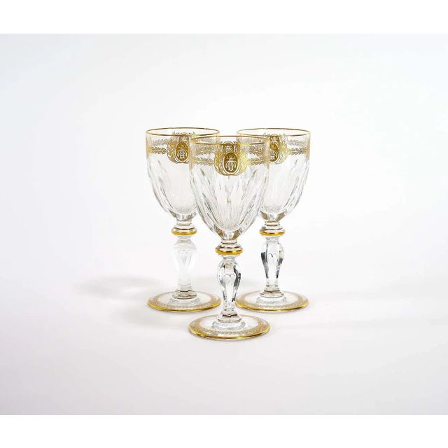 Richly hand cut and mouth blown with hand gilt gold bees design top details and stem garland wreath design barware and...