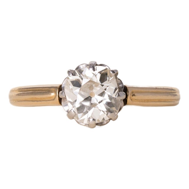Antique 18k Gold and Platinum 1.10 Carat Old Mine Cushion Diamond Solitaire Ring, Size 7 For Sale