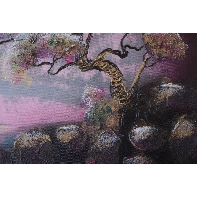 Pink Mid Century Japanese Landscape Mount Fuji With Fishermen Painting For Sale - Image 8 of 12