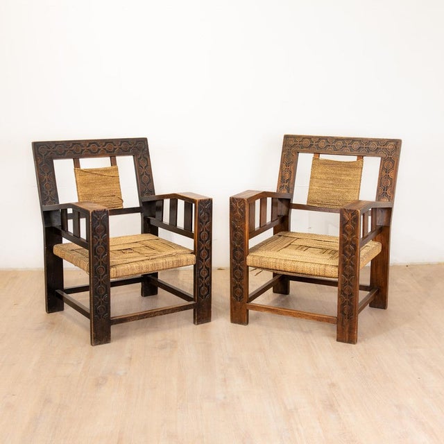 suite of 3 armchairs in wood and rope