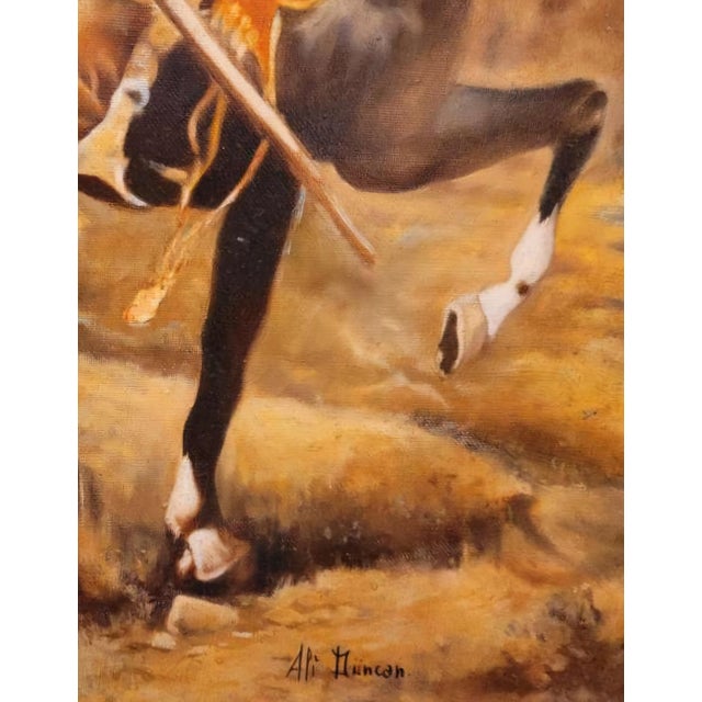 This striking large-format oil on canvas in the Orientalist tradition captures a vivid, dynamic scene of Arabian horsemen...