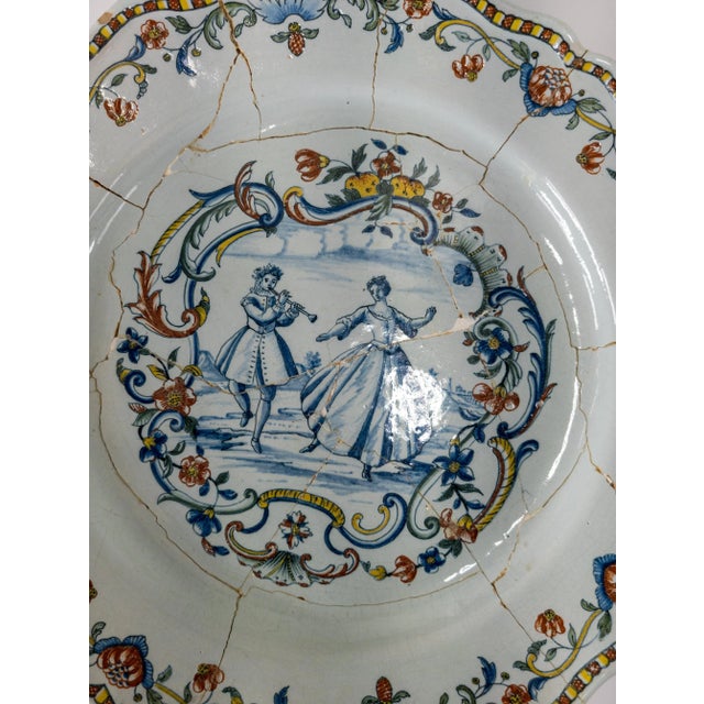 18th Century French Faience Polychrome Repaired Charger For Sale - Image 5 of 13