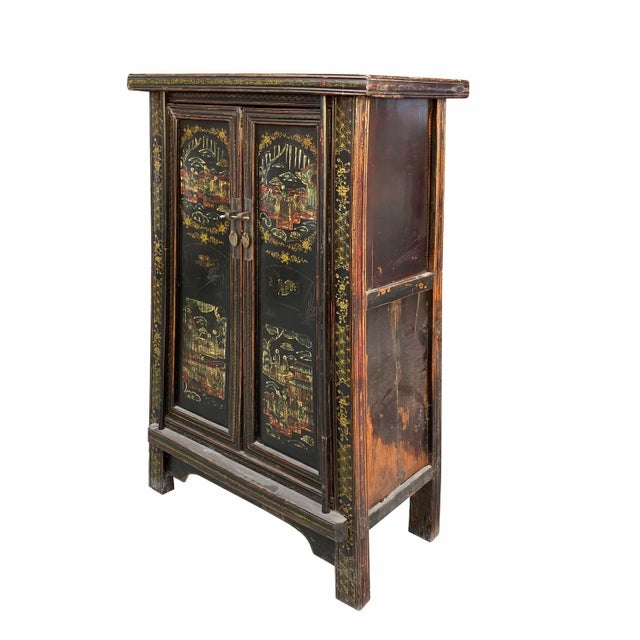 Chinese Vintage Distressed Color Scenery Graphic Dresser Cabinet For Sale - Image 4 of 5