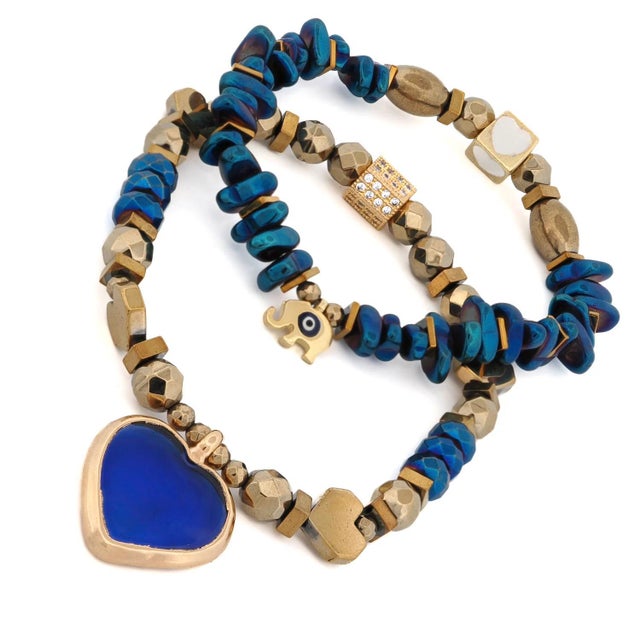 Contemporary Heart & Luck Blue Murano & Elephant Charm Bracelet Set For Sale - Image 3 of 9