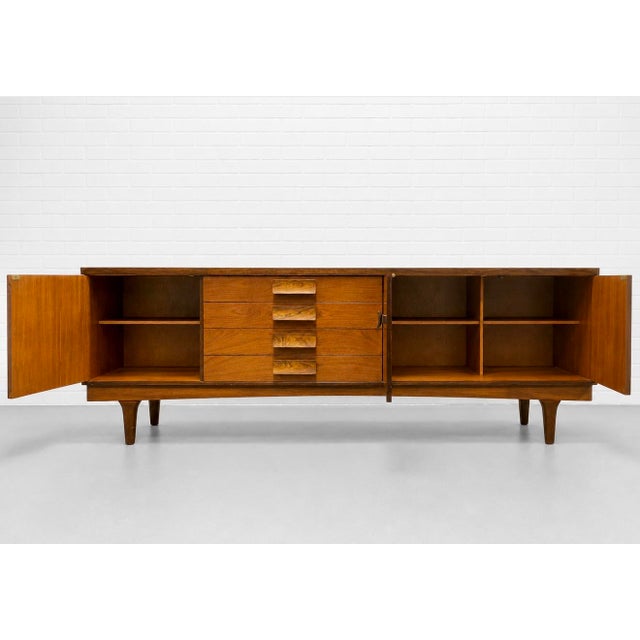Extra Long Mid Century Modern Teak + Rosewood Credenza / Sideboard by Bath Cabinet Makers, Made in England, C. 1960's For Sale - Image 4 of 18