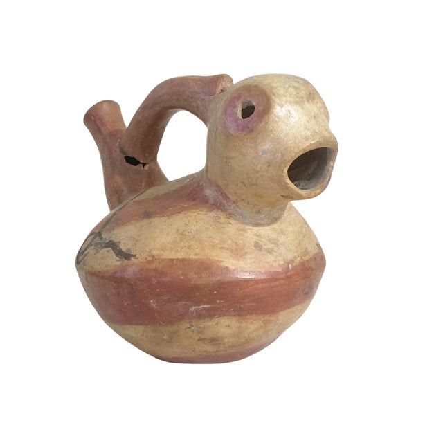 Tribal Old Pre-Columbian Style Inca Culture Clay Vessel Bird With Stirrup Spout Jar 6.5" H For Sale - Image 3 of 8