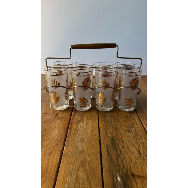 Mid-Century Modern Libby “Golden Foliage”Frosted Highball Glasses and Caddy Set of 8 For Sale - Image 10 of 11