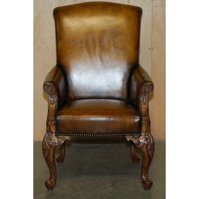 Animal Skin Pair of Antique Heavily Carved Hand Dyed Brown Leather Throne Armchairs For Sale - Image 7 of 18