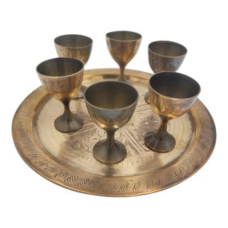 Mid 20th Century Etched Brass Cordial Set With Floral Serving Tray - Set of 7 For Sale