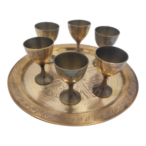 Mid 20th Century Etched Brass Cordial Set With Floral Serving Tray - Set of 7