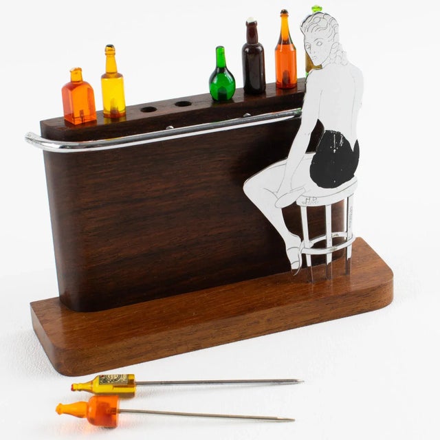 Art Deco Chrome and Macassar Wood Cocktail Picks, Lady at the Bar For Sale - Image 4 of 11