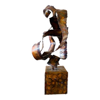 Large 26” Vintage Brutalist Tabletop Sculpture by Frank Tenaglia, Signed 1973 Mixed Metal Ribbon Art For Sale