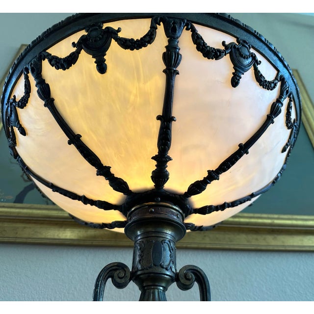 Antique Neoclassical Table Lamp White Slag Glass Shade Bradley Hubbard Tiffany Style For Sale In San Diego - Image 6 of 12