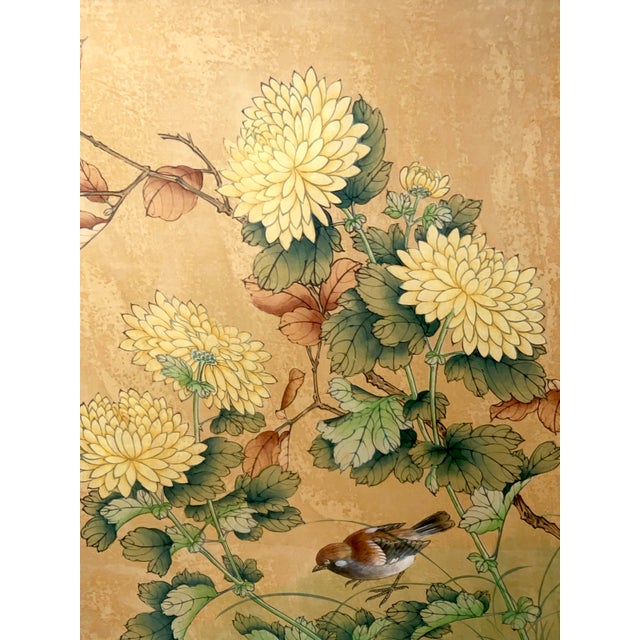 Yellow Vintage Chinese Tempera on Silk Painting – Swallow and Chrysanthemums – For Sale - Image 8 of 12