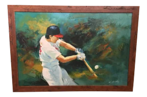1980s Portrait of a Baseball Player Painting by M. Harold, Framed
