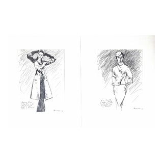 1954 Set of 2 French Mid-Century Fashion Design Prints-Dior, Givenchy, Matted For Sale