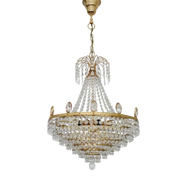 Large Brass 6-Light Chandelier with Glass Pendants, 1980s For Sale