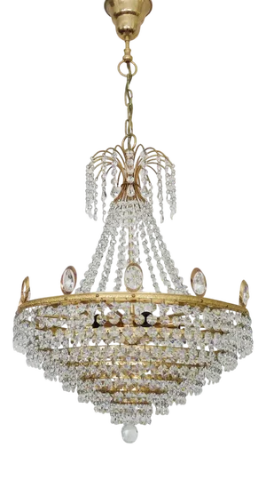 Large Brass 6-Light Chandelier with Glass Pendants, 1980s