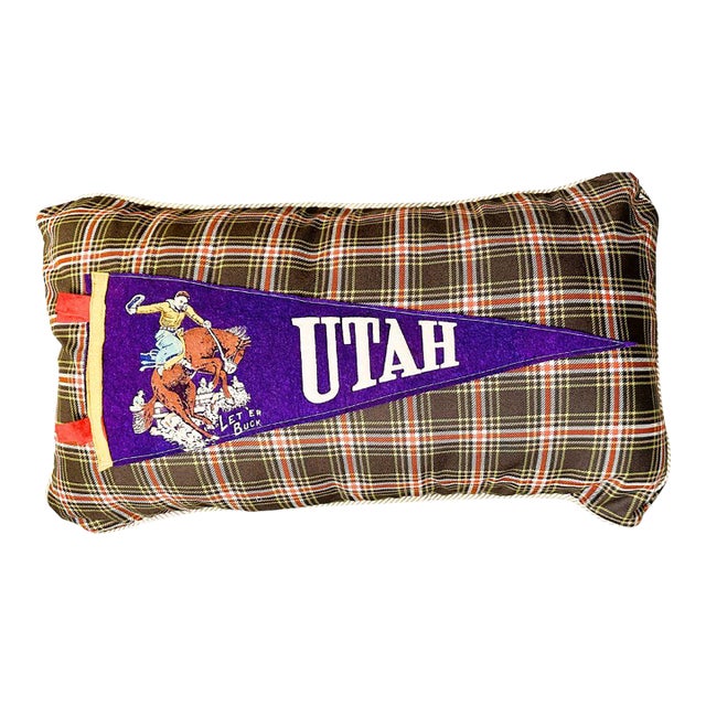 Utah Rodeo Cowboy Vintage Pennant on New Woven Plaid Throw Pillow For Sale