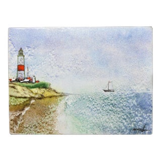 Dom Dominic Mingolla Enamel on Copper Painting Red Lighthouse Shoreline 9 X 12 For Sale