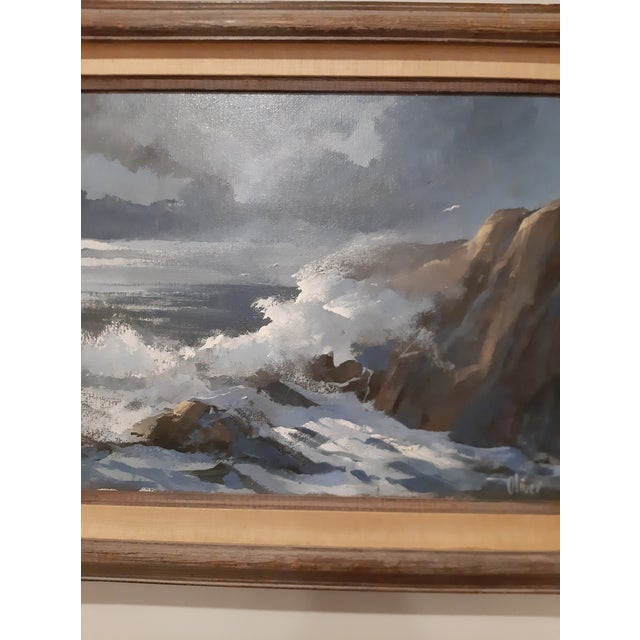 1970s Doug Oliver Painting "Seascape" on Canvas 16"x20" Wood Framed Early Work For Sale - Image 10 of 14