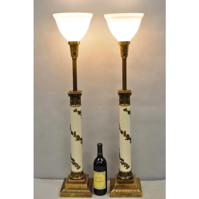 Vintage Stiffel Neoclassical Tall White Enamel Decorated Column Brass Table Lamps - a Pair. Circa Mid 20th Century....