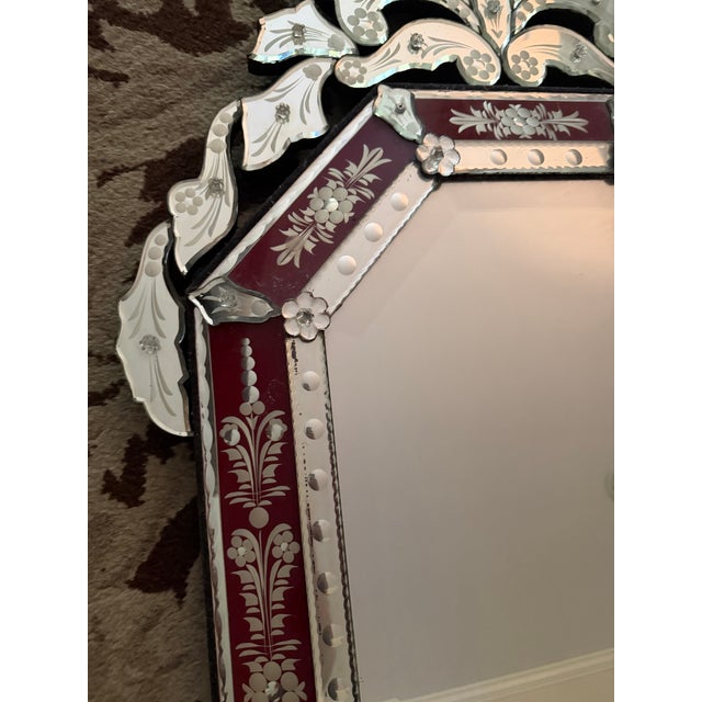 Glass Wall Mirror Red Venetian Octagonal Etched Glass Floral Hollywood Regency For Sale - Image 7 of 8