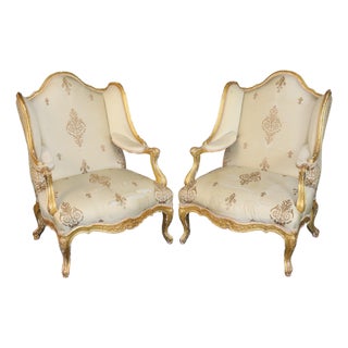 Pair 19th C French Louis XV Style Giltwood Wingback Chairs For Sale