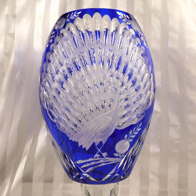 Glass 1940s Very Large Blue Cut to Cear Vase With Peacock Design For Sale - Image 7 of 11