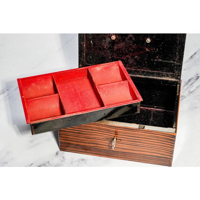 Amazing Antique Painted Faux Wood Metal Lock Strong Box With Key Home Office Decor For Sale - Image 11 of 16