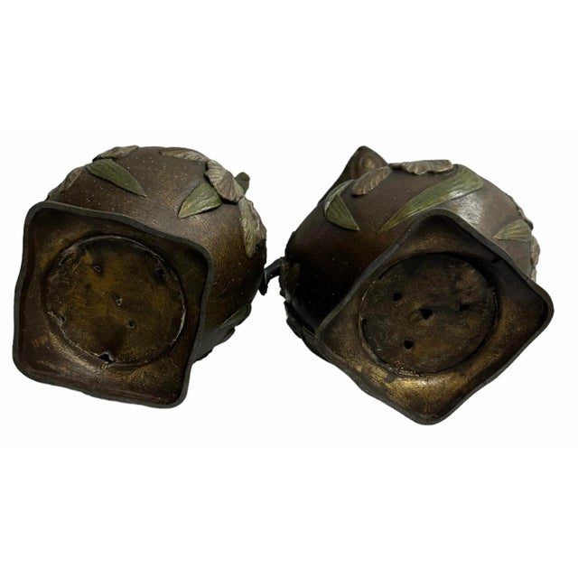 A Pair of French Centennial Art Nouveau Pewter and Bronze Carved Vases For Sale - Image 10 of 10