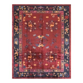1900s Ruby Red Floral Medallion Antique Chinese Art Deco Rug 9'4" X 11'6" Handknotted Wool Carpet For Sale