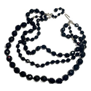 1930s Made in Austria Black Faceted Glass (French Jet) Three Strand Necklace For Sale
