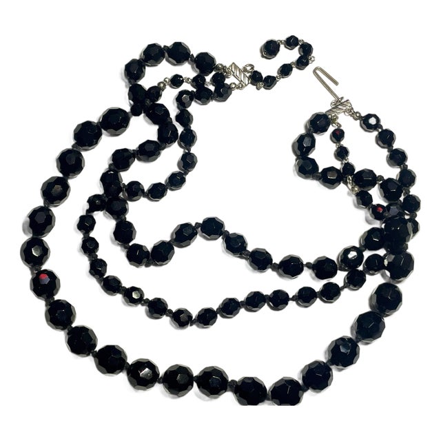 1930s Made in Austria Black Faceted Glass (French Jet) Three Strand Necklace For Sale
